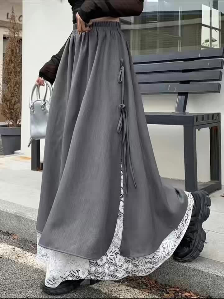 Jupe longue asymétrique femme gris foncé avec dentelle et liens à nouer