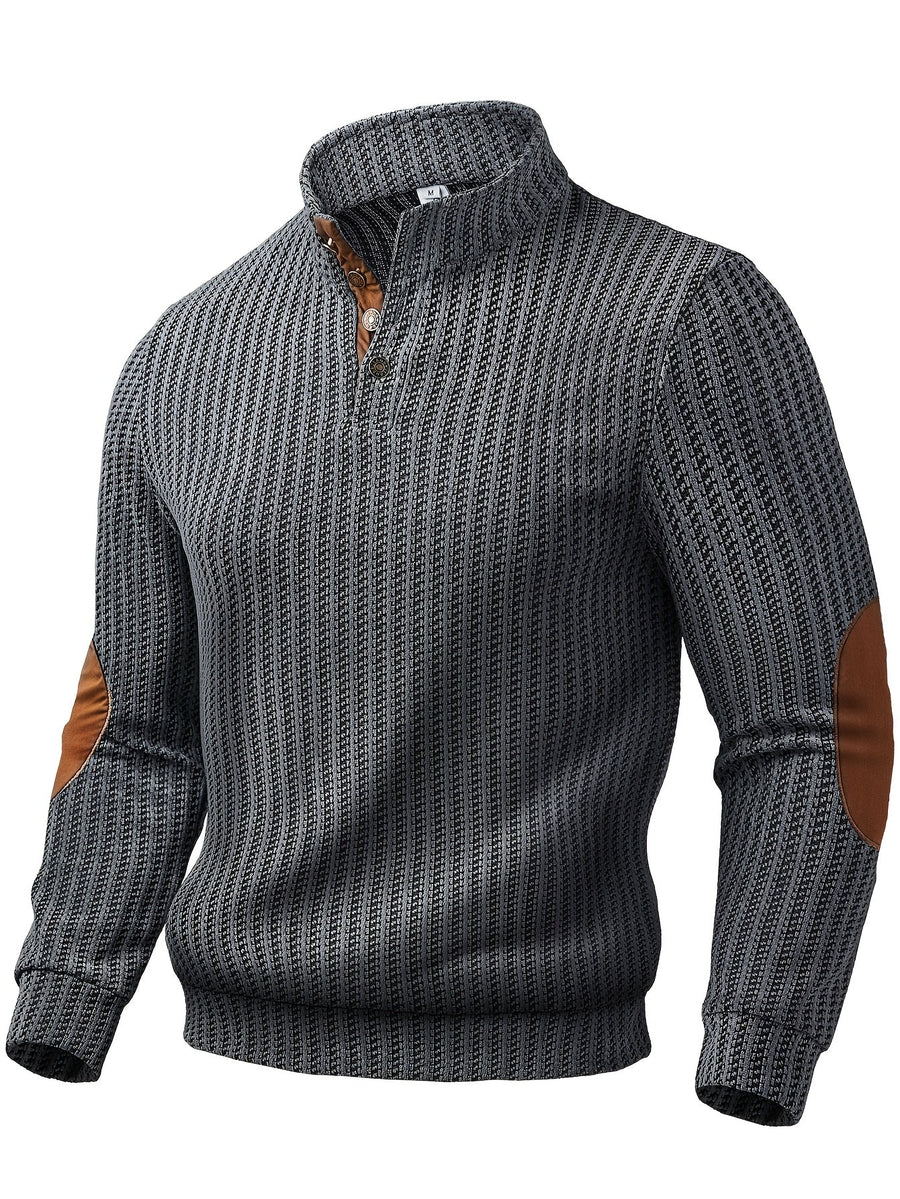 Herenpullover met opstaande knoopkraag, geweven patroon en elleboogstukken