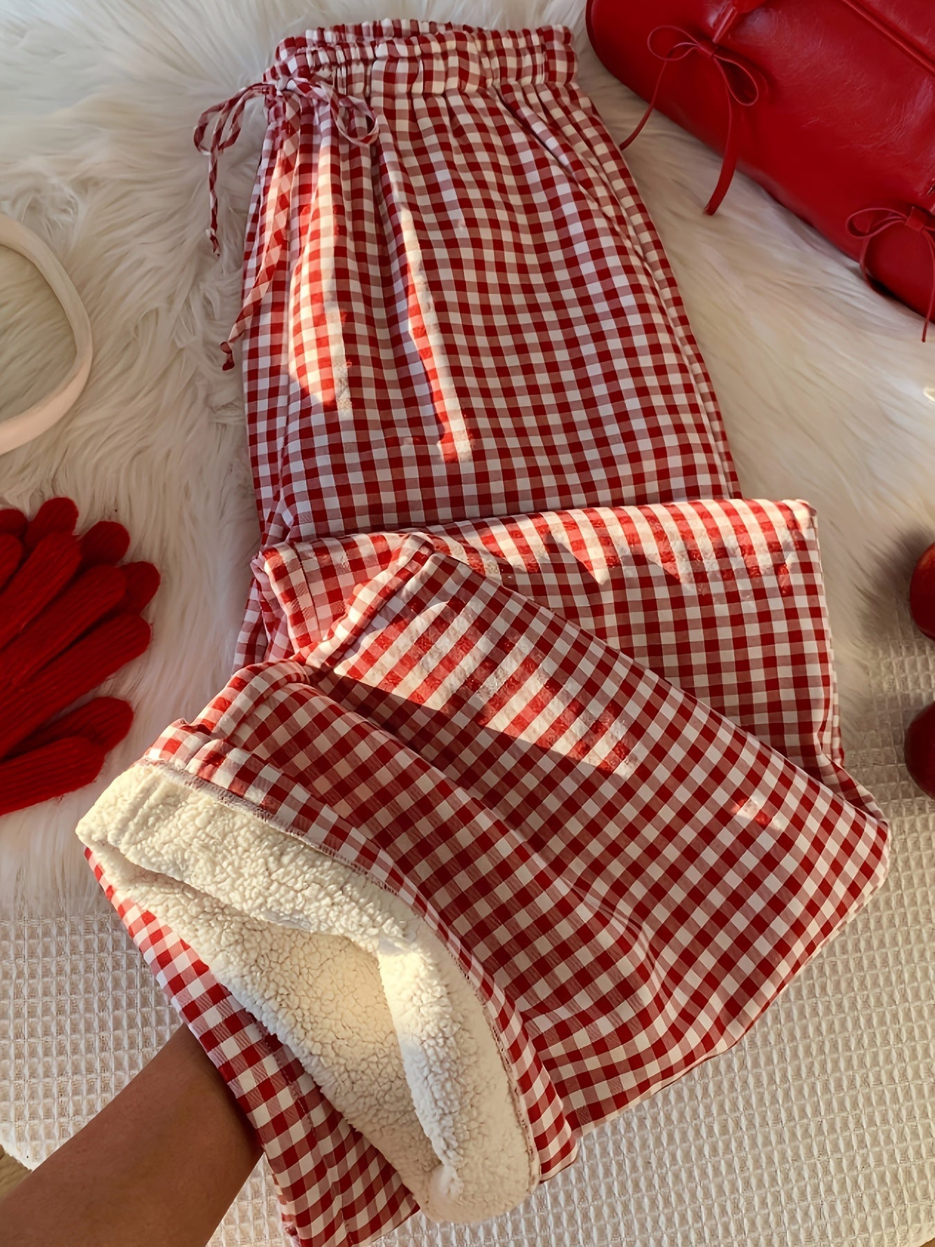 Pantalon de pyjama Doux Vichy Carreaux Rouges et Blancs Doublé Polaire pour Femme