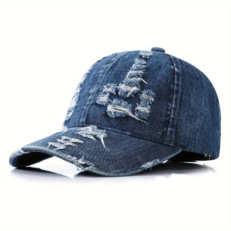 Distressed and ripped faded denim baseball cap