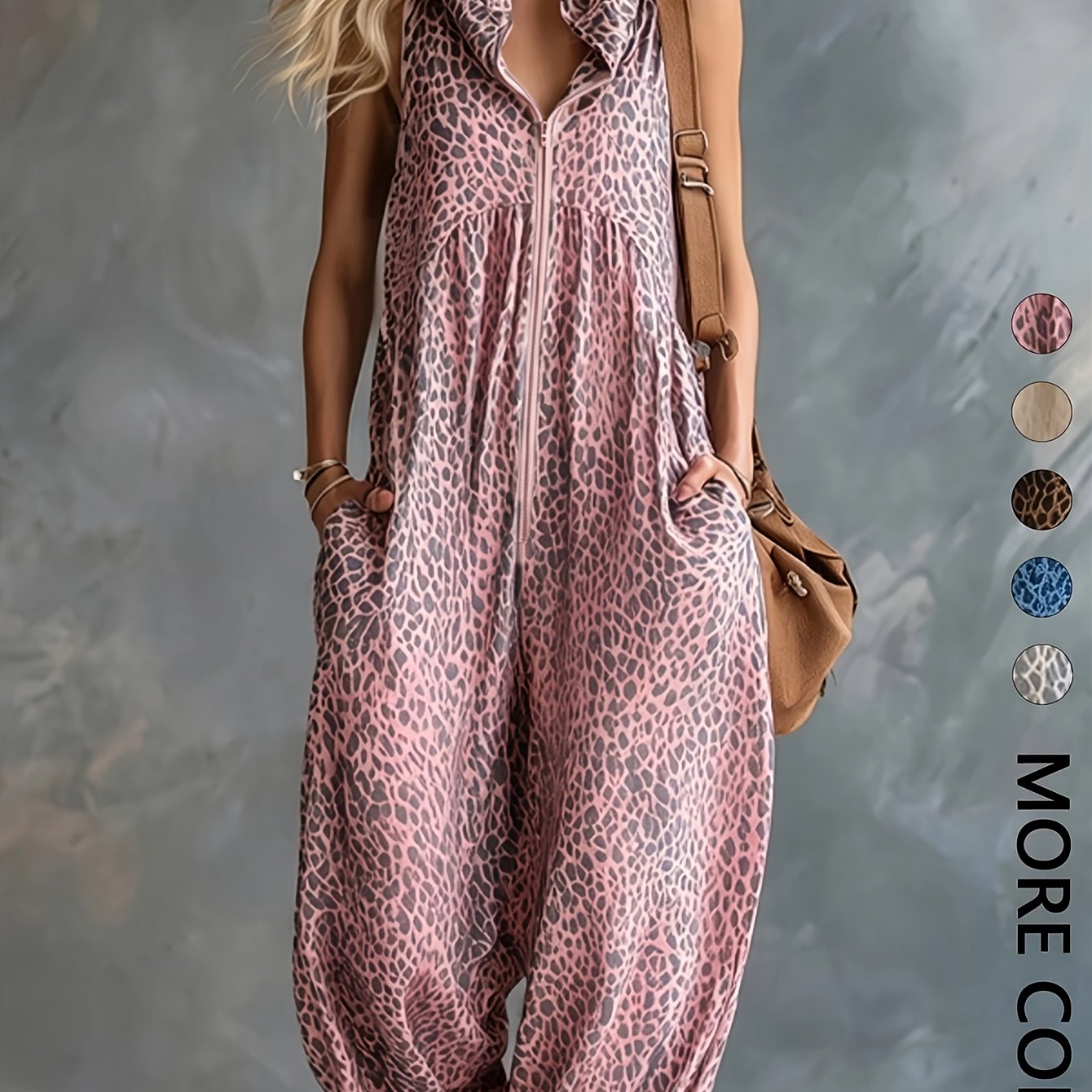 Combinaison pantalon femme motif léopard sans manches avec capuche et poches