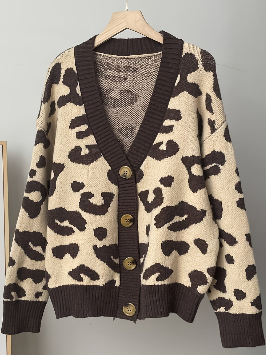 Gilet Femme Léopard Crème et Marron Col V Boutons