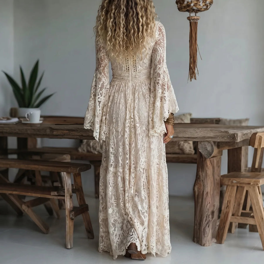 Beige Bohemian-Style Long Lace Dress with V-Neck and Flared Sleeves