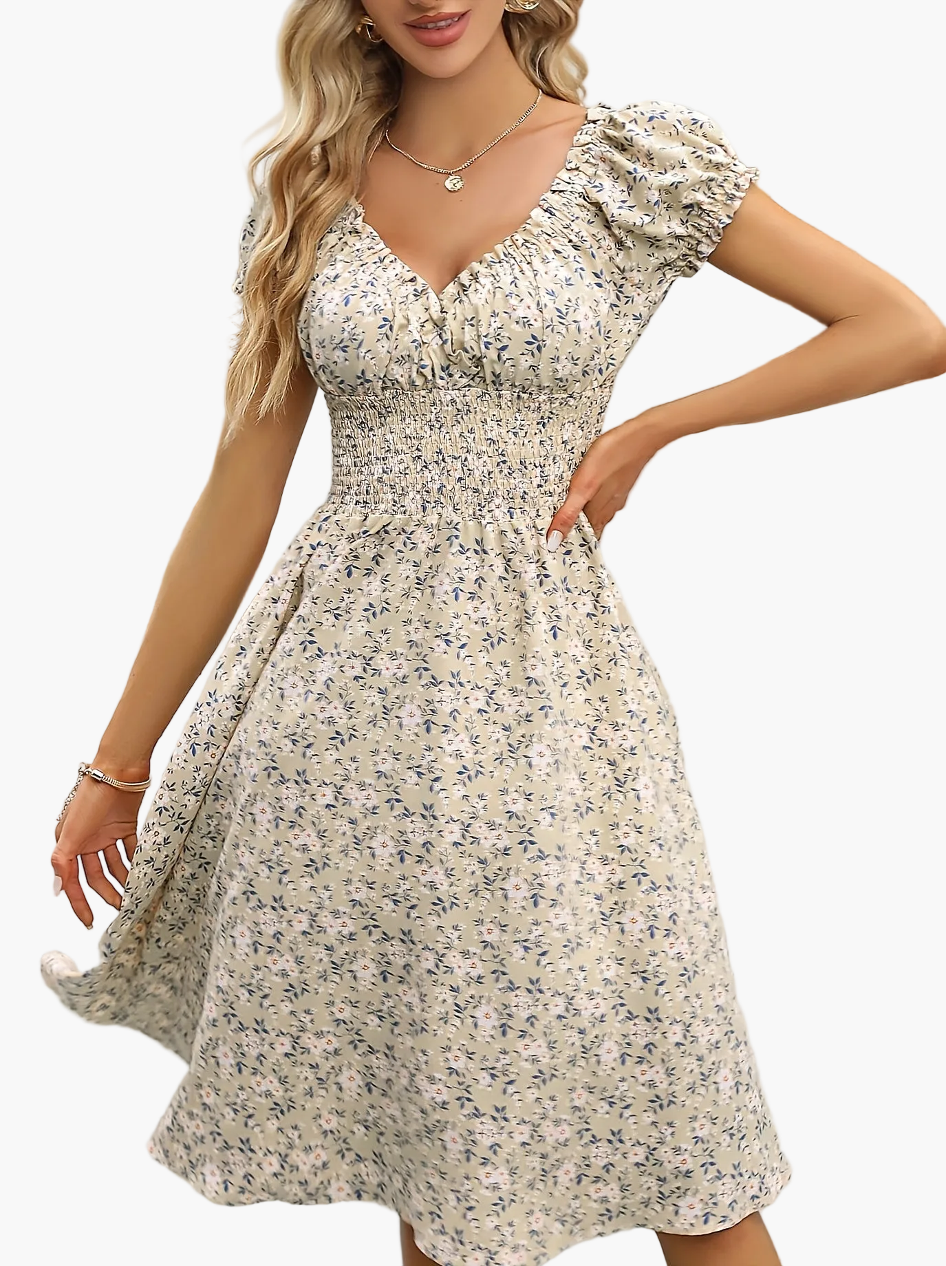 Abito estivo elegante donna stile bohémien maniche corte motivo floreale, uso quotidiano e uscite