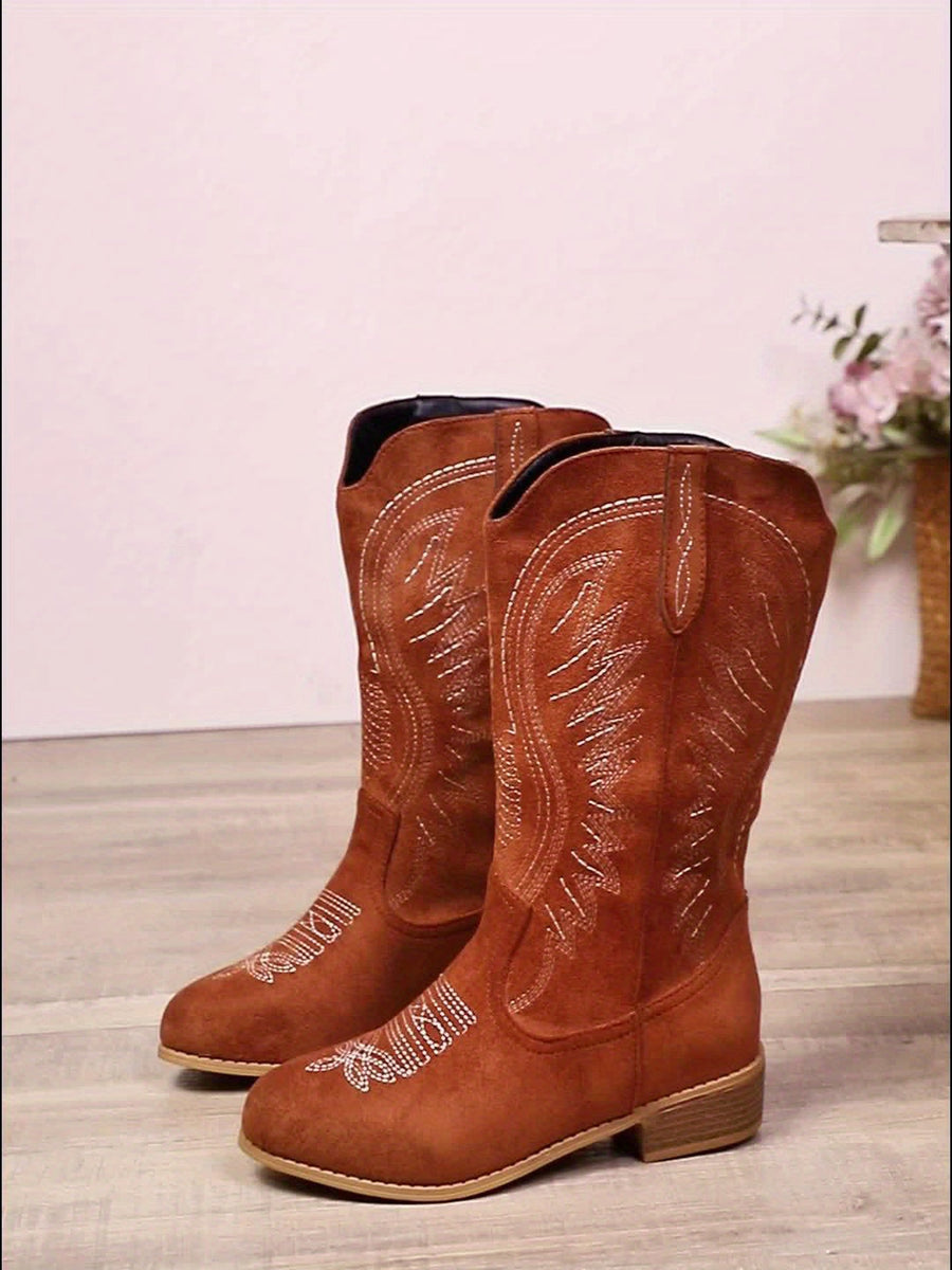 Women's cowboy-style boots, brown with decorative embroidery, mid-calf, pointed toe
