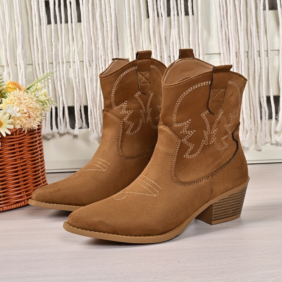Bottes Western Femme à Talon Carré et Broderies Style Cowboy