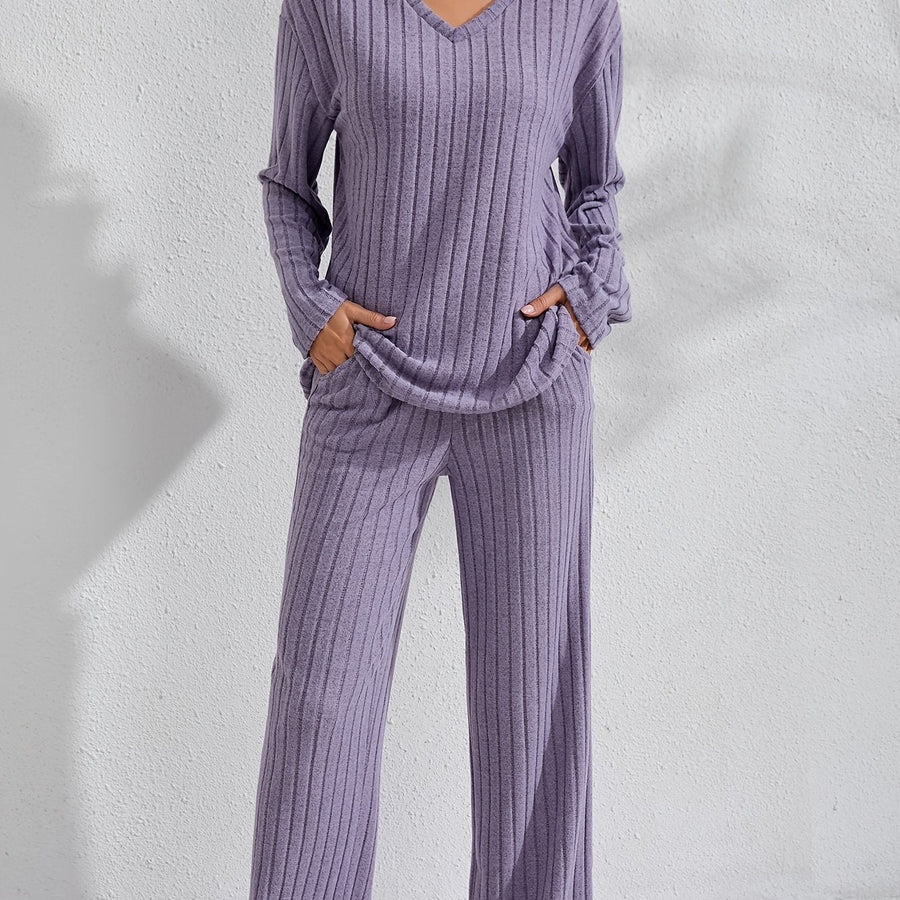 Ensemble détente côtelé Femme col V, pantalon large et haut manches longues