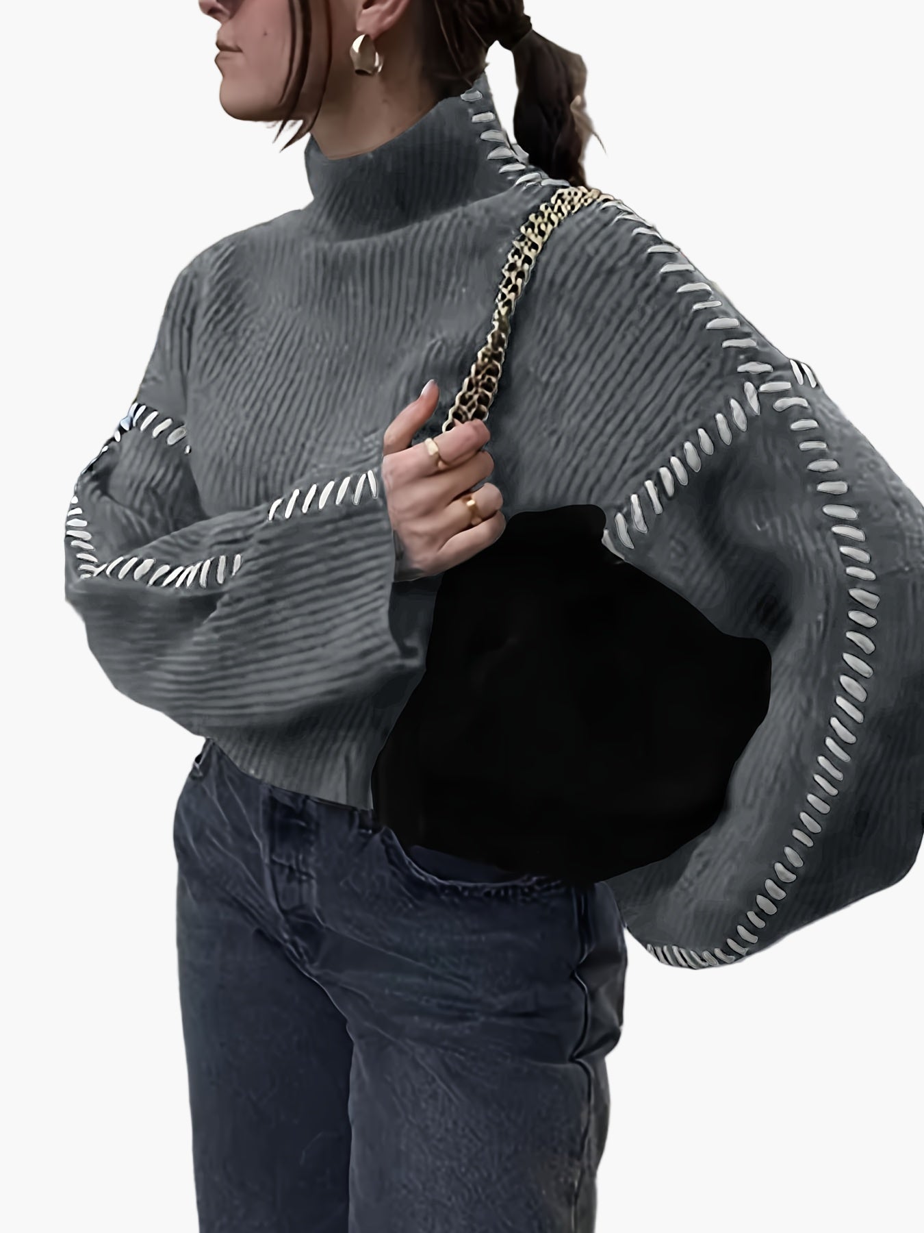 Sweter damski w stylu casual z golfem, szerokimi rękawami i modnymi detalami szwalniczymi na jesień i zimę