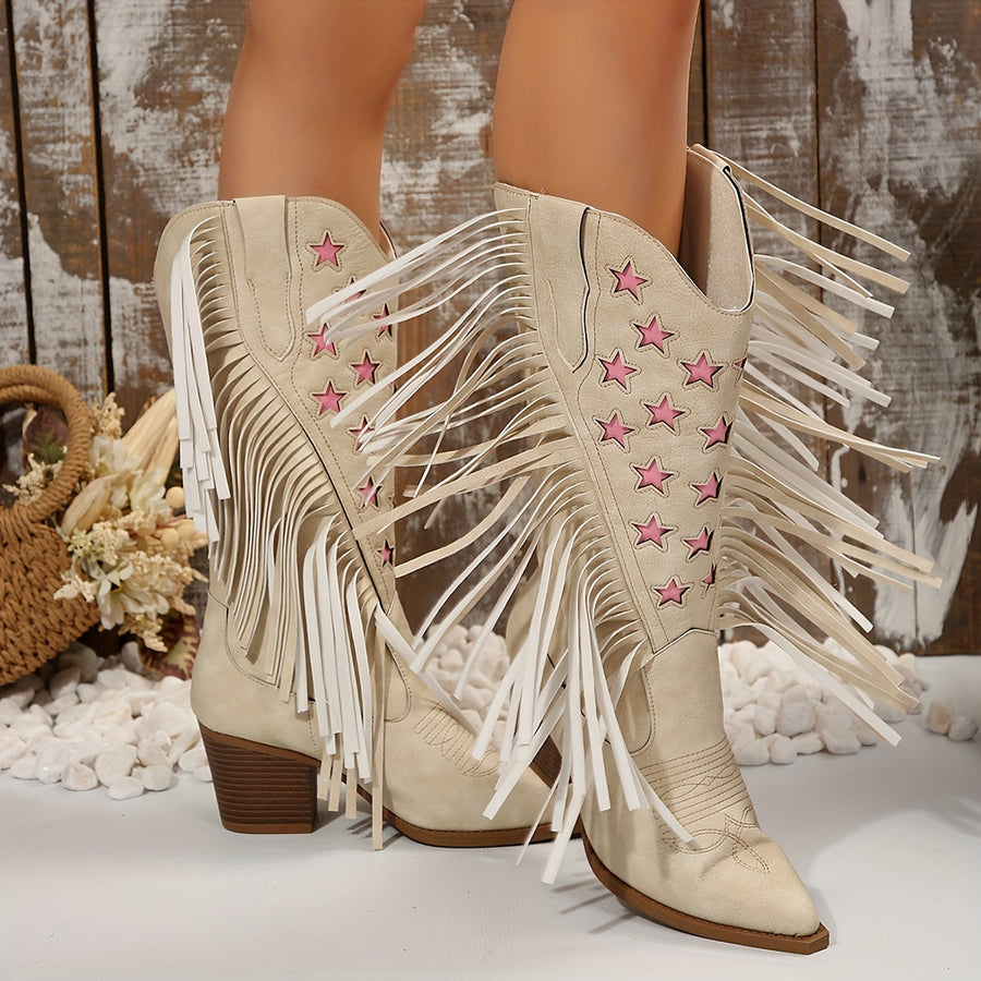 Rosa och beige westernboots för dam med fransar och stjärnor