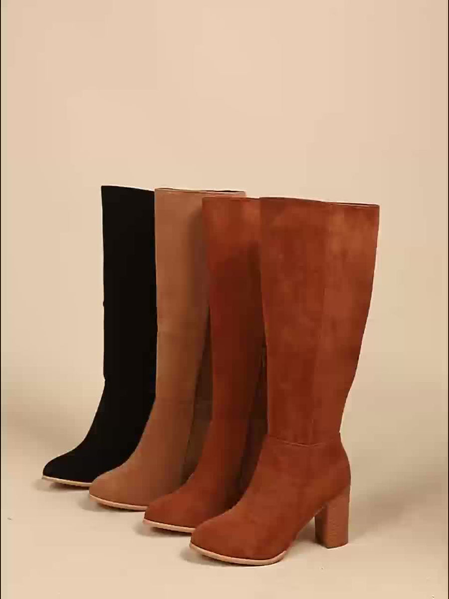 Bottes Hautes Femme à Talon Carré et Bout Pointu Daim Effet