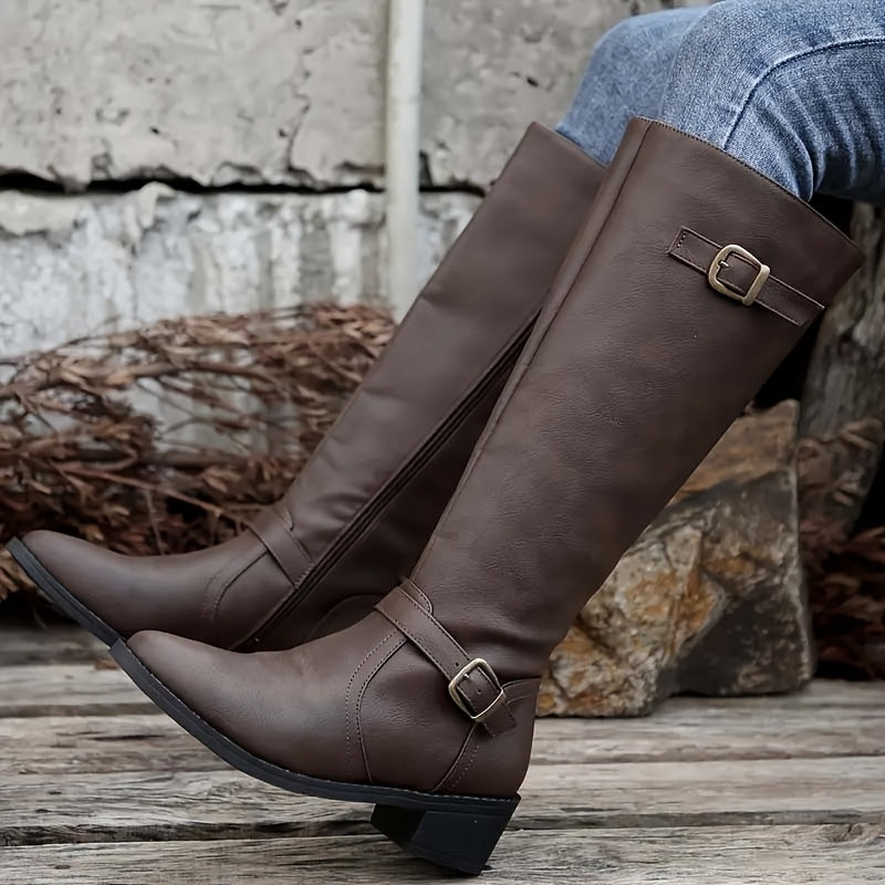 Bottes hautes cavalières Femme avec boucle décorative et fermeture éclair latérale