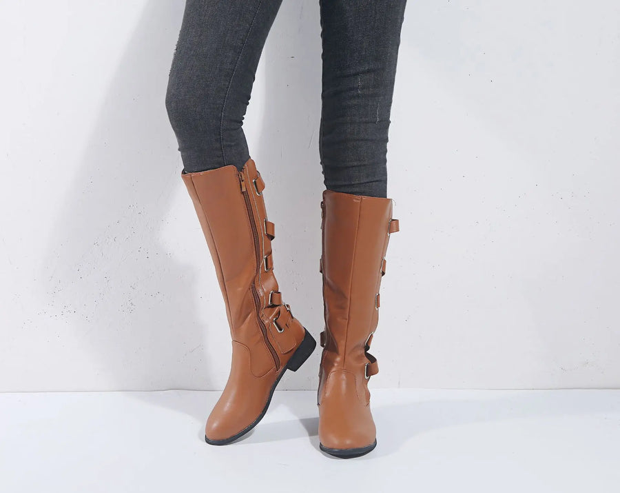 Bottes Femme Montantes Décoratives à Boucles et Fermeture Éclair Latérale