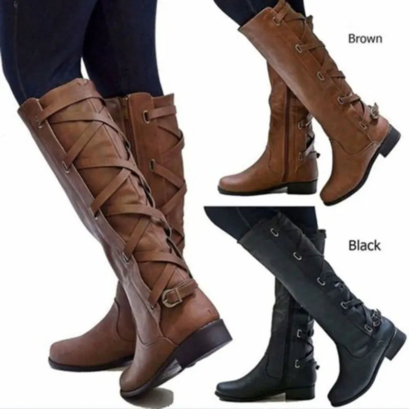 Bottes Femme Montantes Décoratives à Boucles et Fermeture Éclair Latérale
