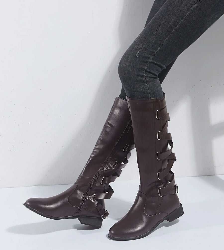 Bottes Femme Montantes Décoratives à Boucles et Fermeture Éclair Latérale