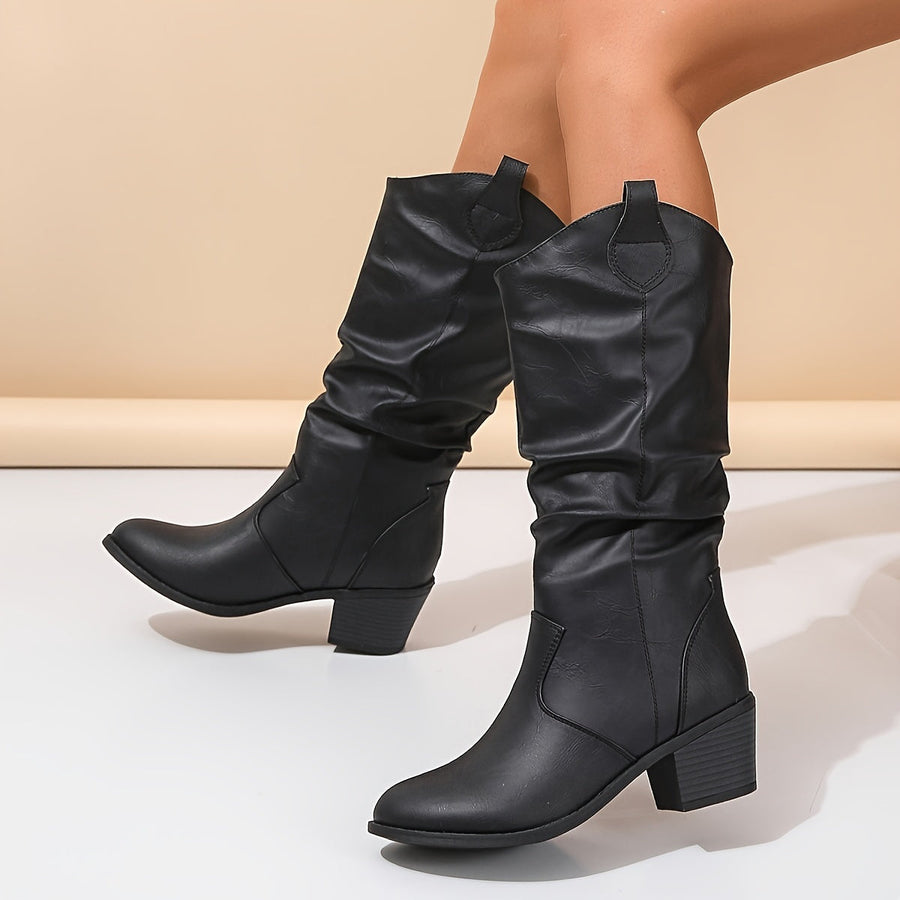 Light brown slouchy distressed-effect boots with block heel