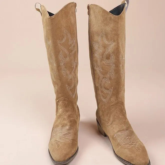 Botas altas de estilo western para mujer, cierre lateral y bordados
