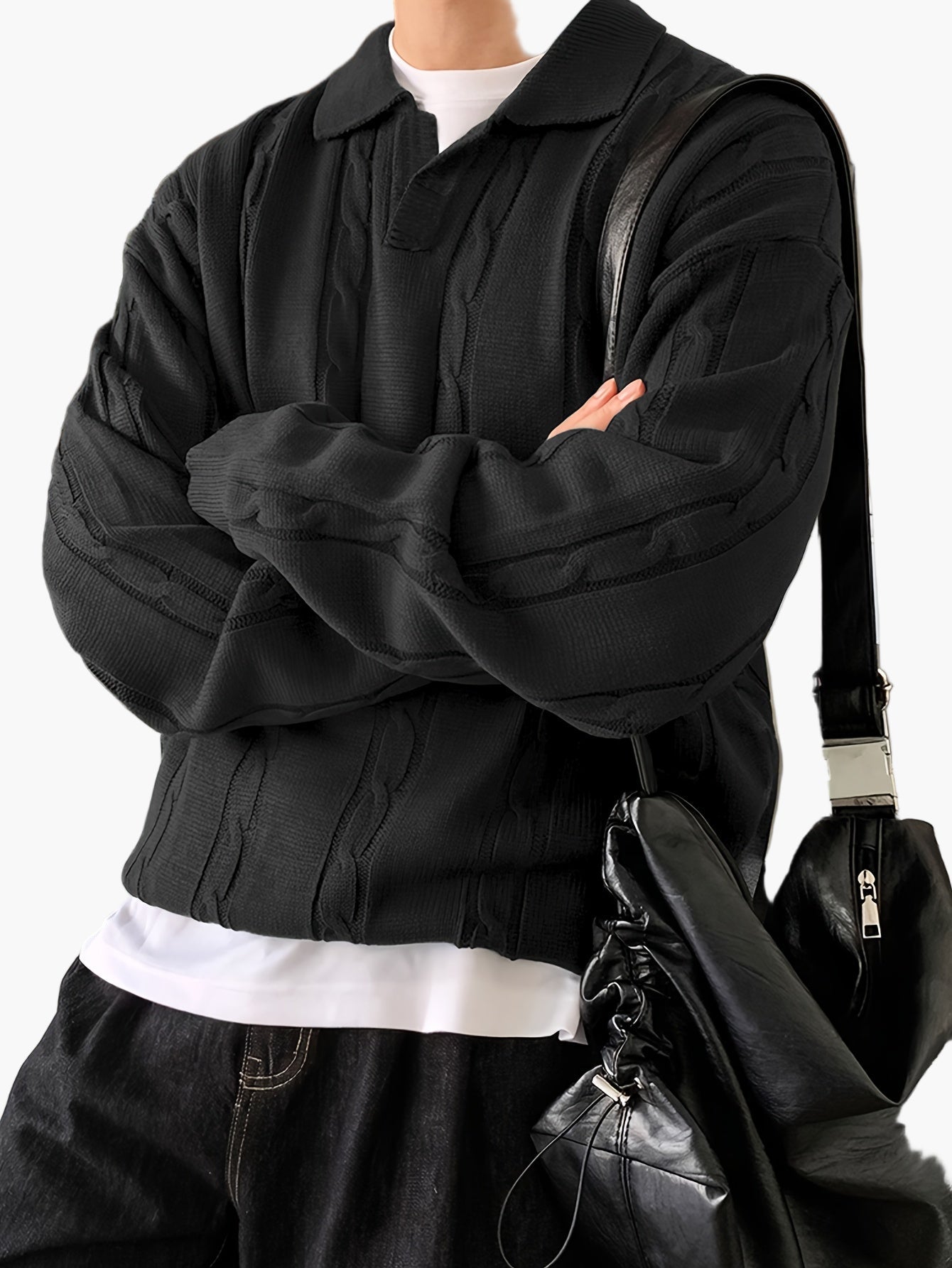 Maglione polo casual da uomo stile intrecciato maniche lunghe per tempo libero e uscite