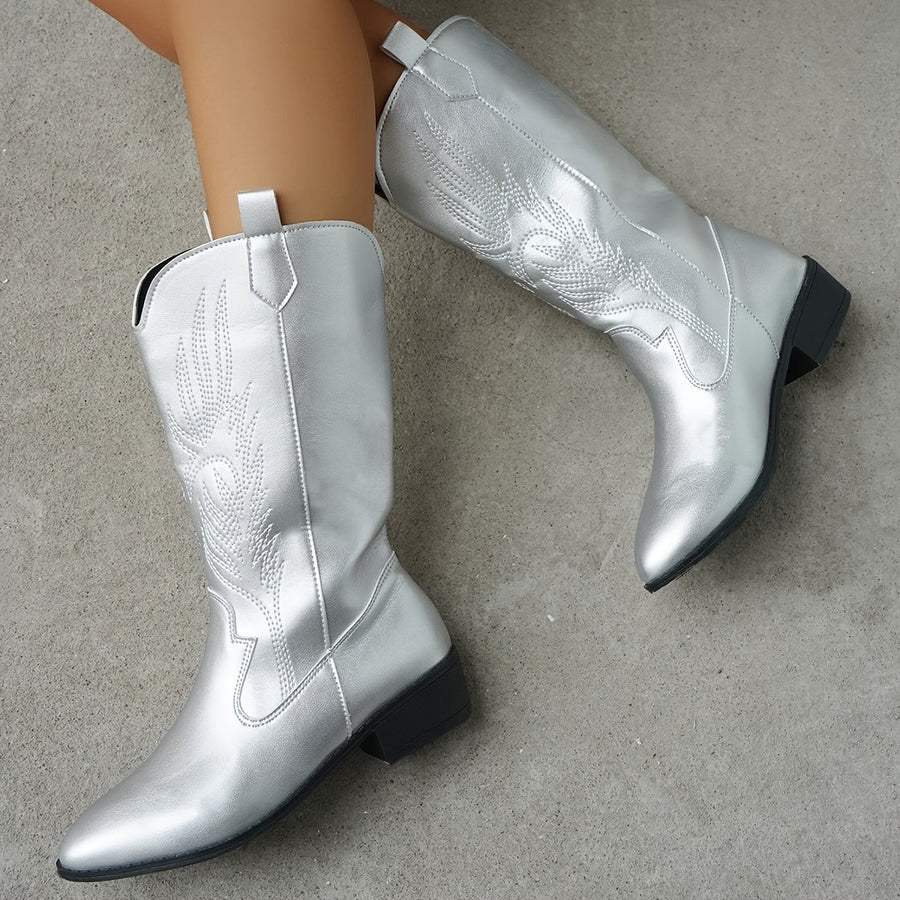 Bottes de Cowboy Femme Argentées Style Western Brodé