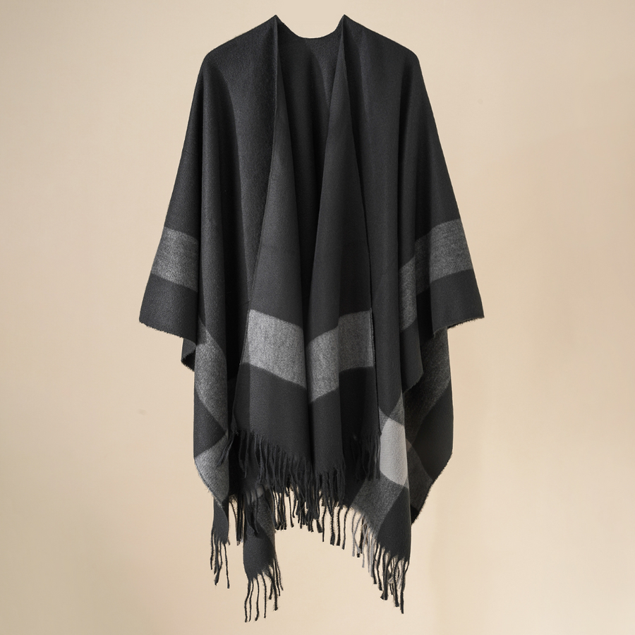 Soft women's fringed striped poncho cape in beige and brown