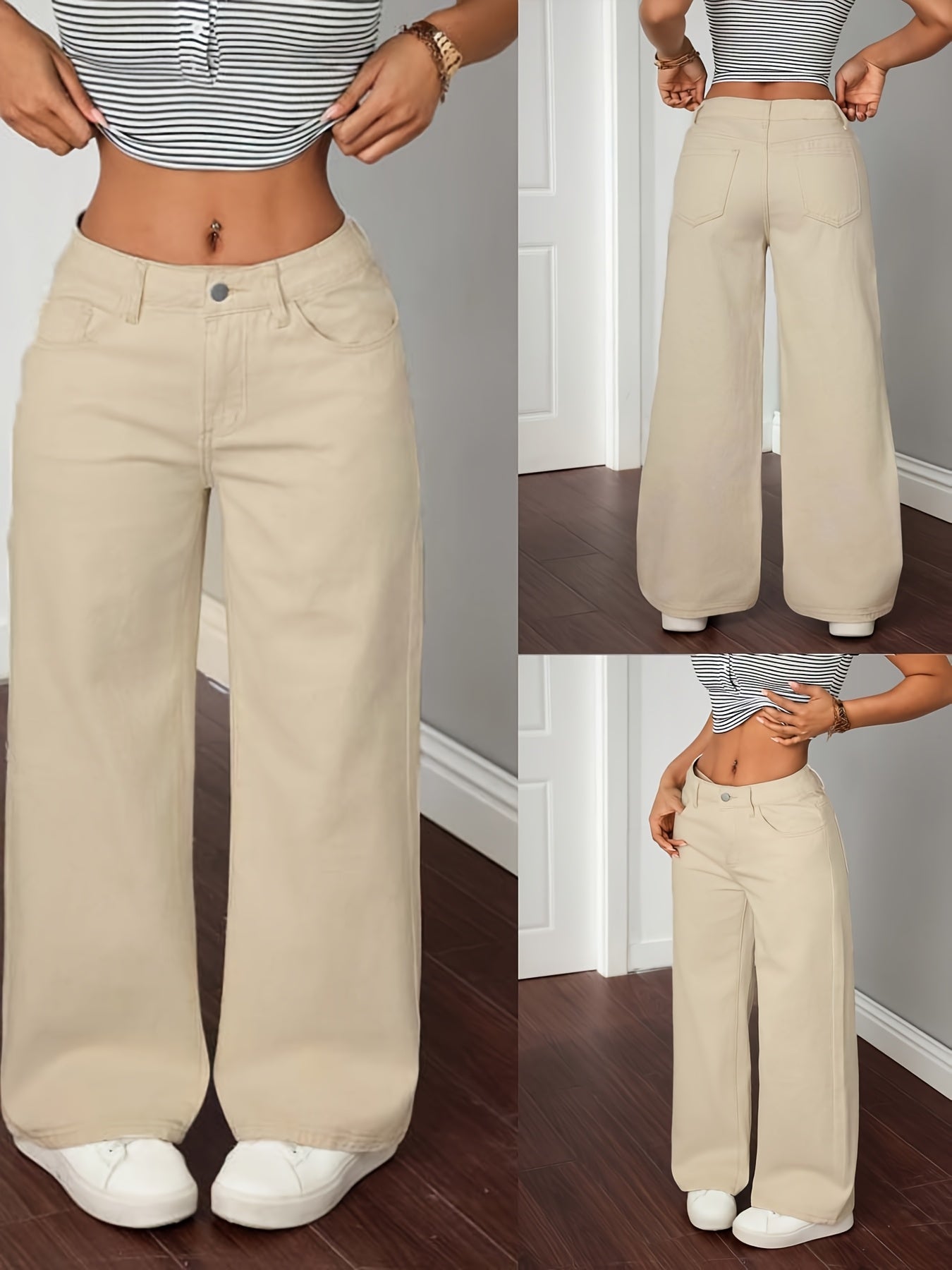Pantalon large femme couleur écru taille haute décontracté