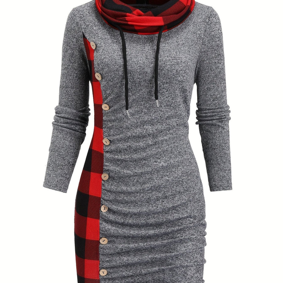 Robe Pull Courte Femme avec Col Cheminée et Motif Carreaux Bicolores