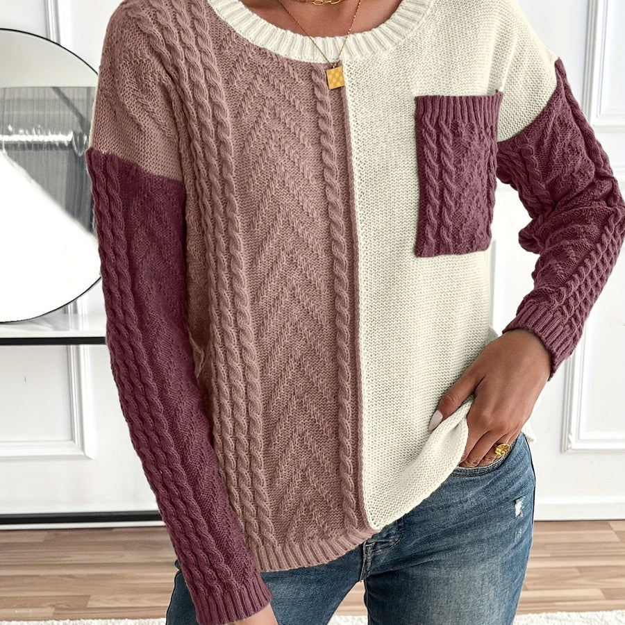 Pull Femme Maille Torsadée Bicolore Crème Vert avec Poche Plaquée