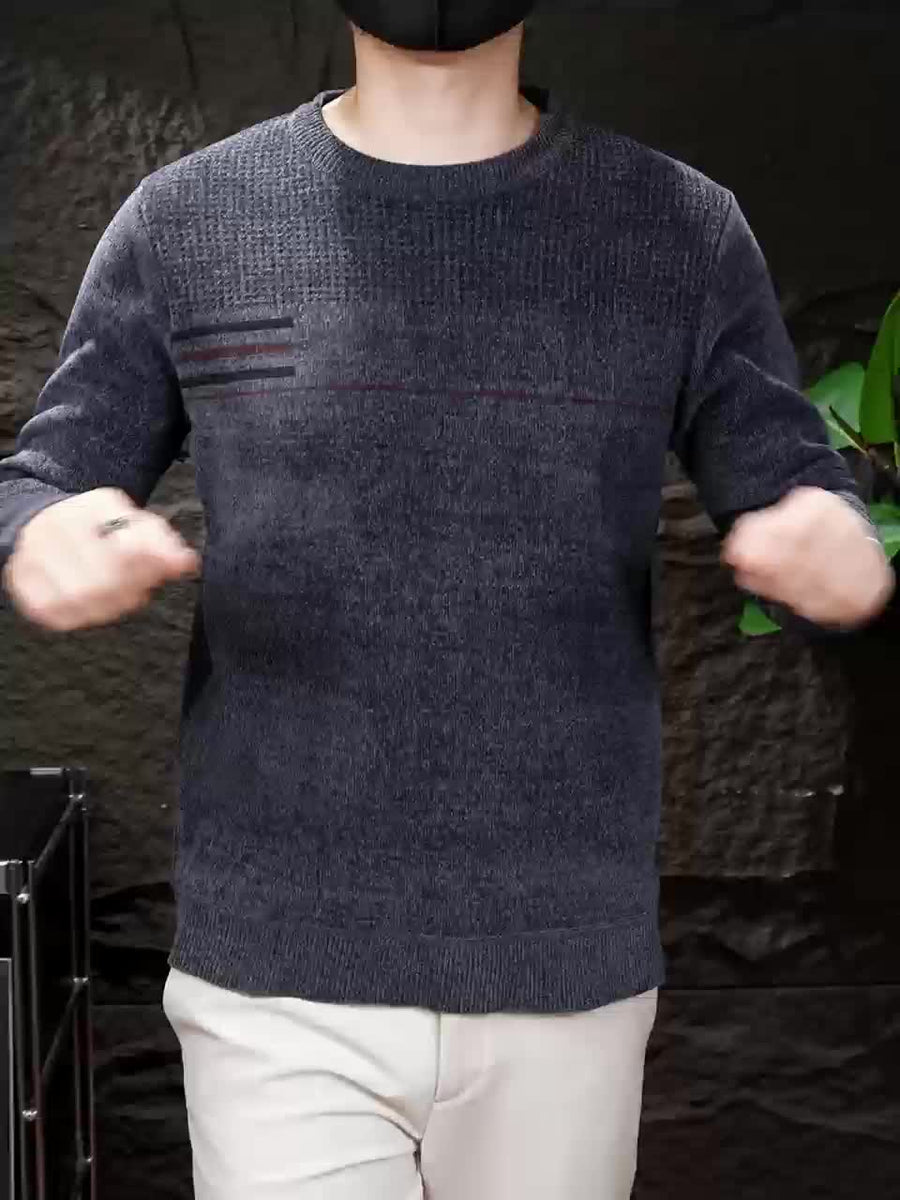 Men's Pullover Crew Neck Textured-Knit Striped Chest Long-Sleeve Sweater