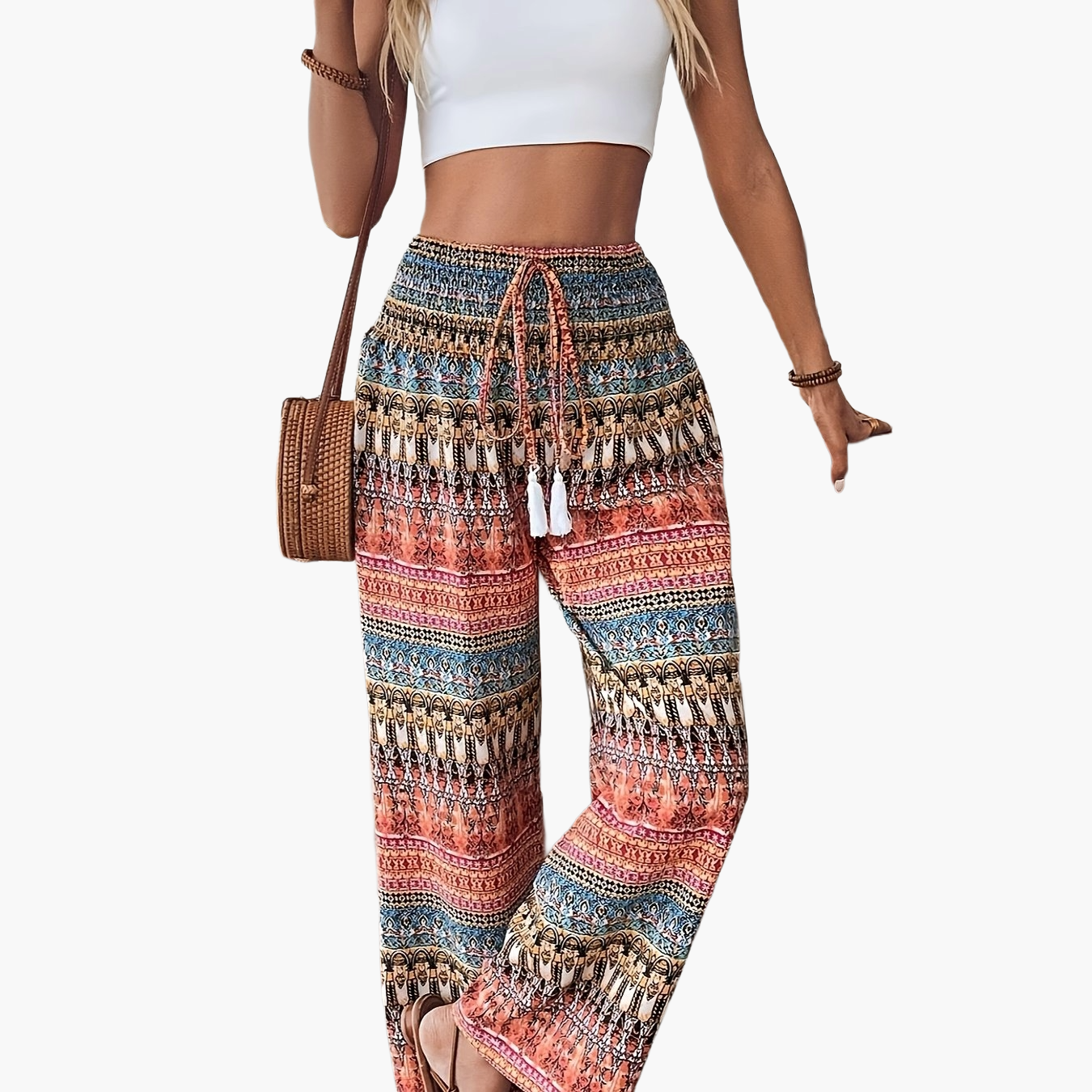 Pantaloni larghi stile bohémien da donna, stampa geometrica, vita elasticizzata, ideali per vacanze e estate
