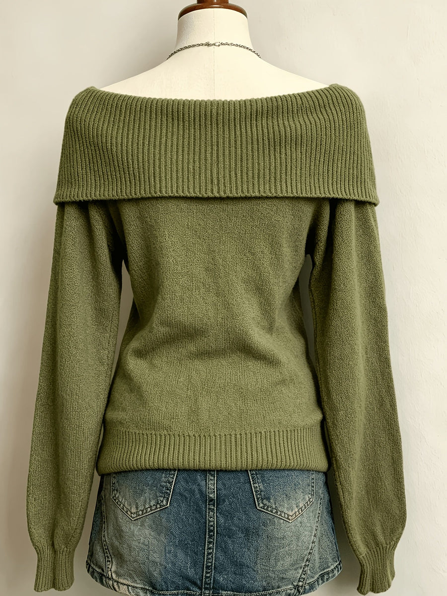 Women's Off-the-Shoulder Khaki Green Soft Knit Fold-Over Collar Pullover
