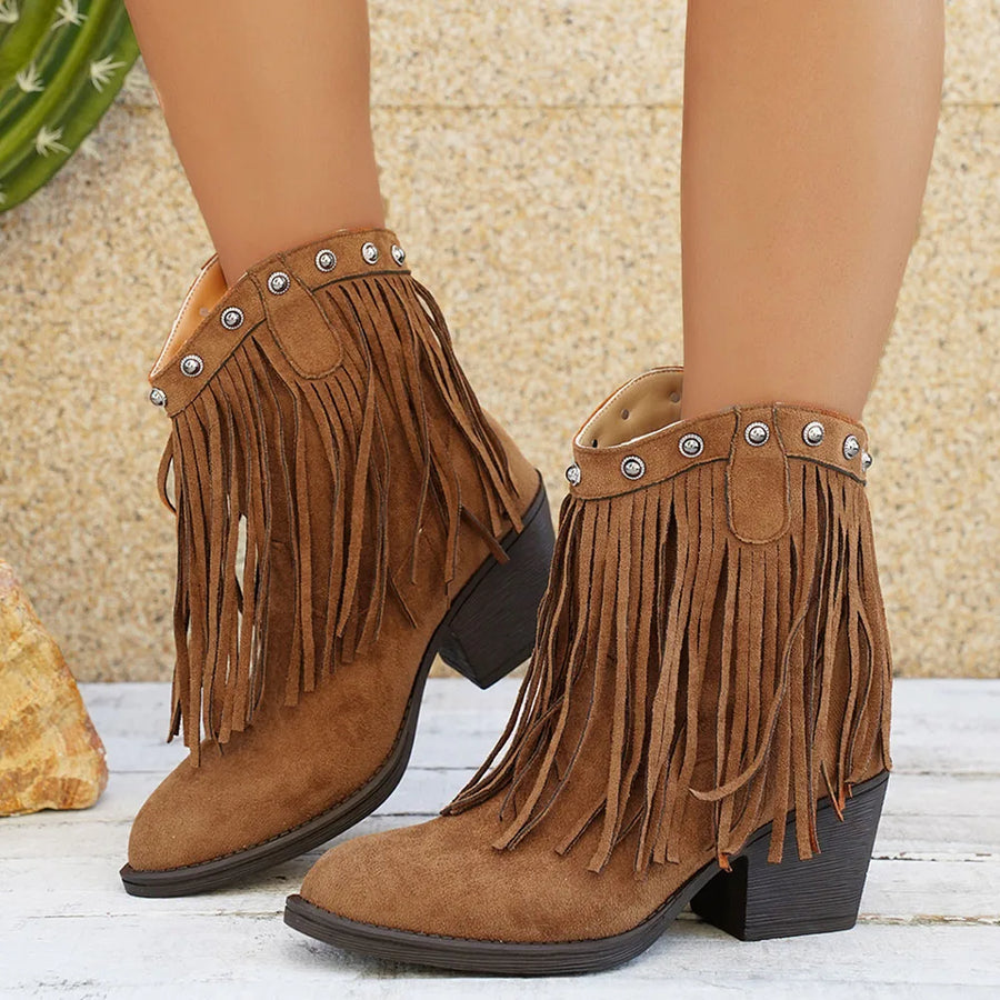Bottes courtes style western frangées pour femme, bout pointu, couleur marron camel