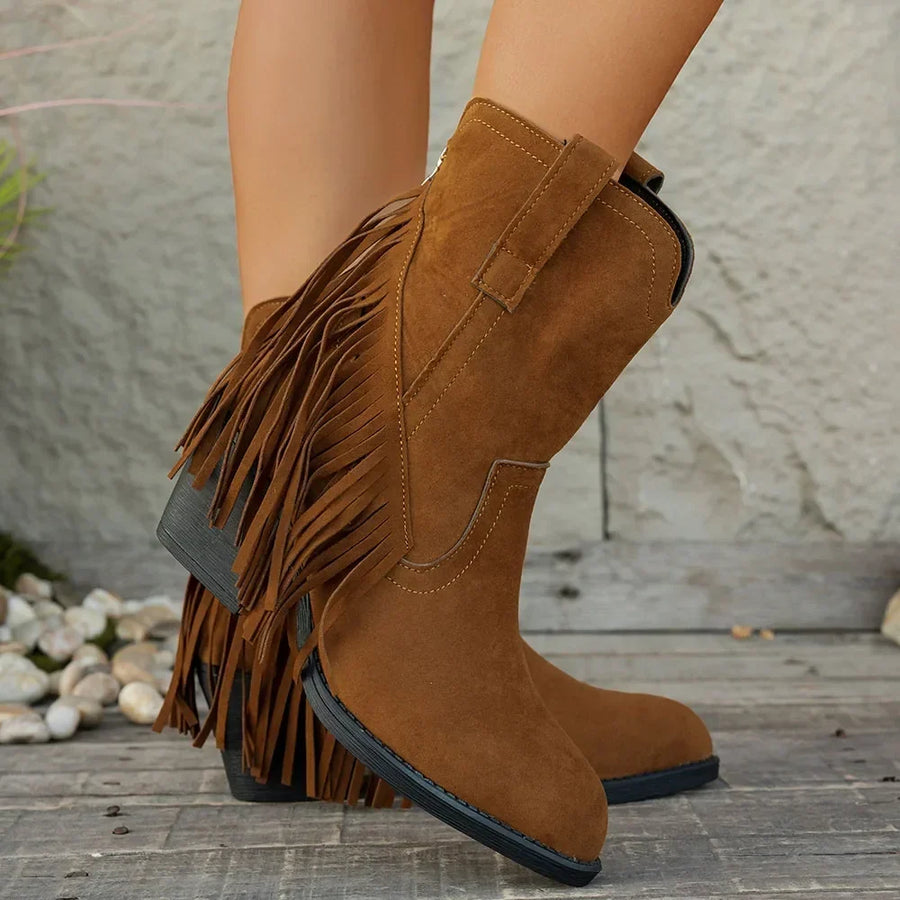 Bottes courtes style western frangées pour femme, bout pointu, couleur marron camel