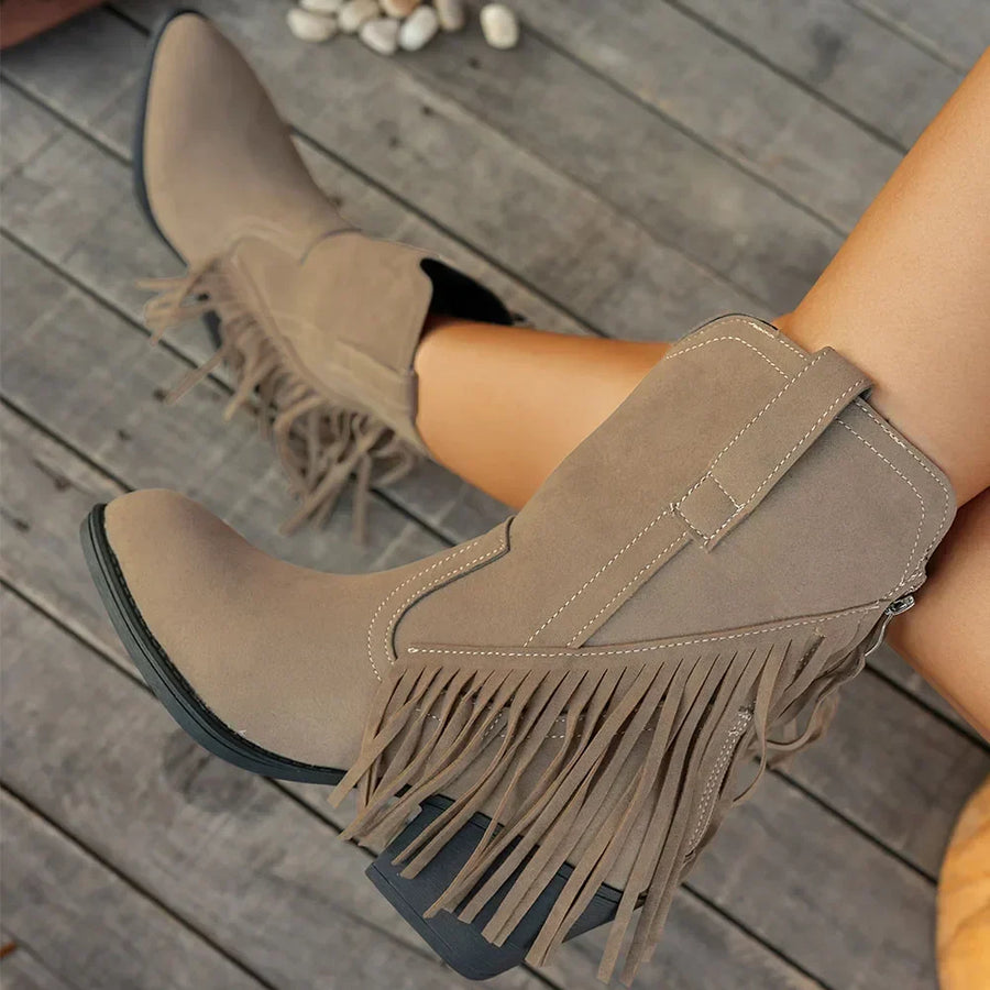 Bottes courtes style western frangées pour femme, bout pointu, couleur marron camel