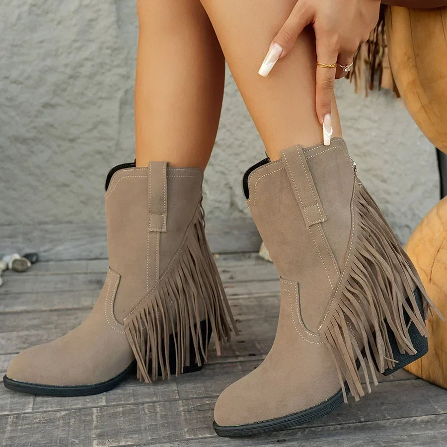 Bottes courtes style western frangées pour femme, bout pointu, couleur marron camel
