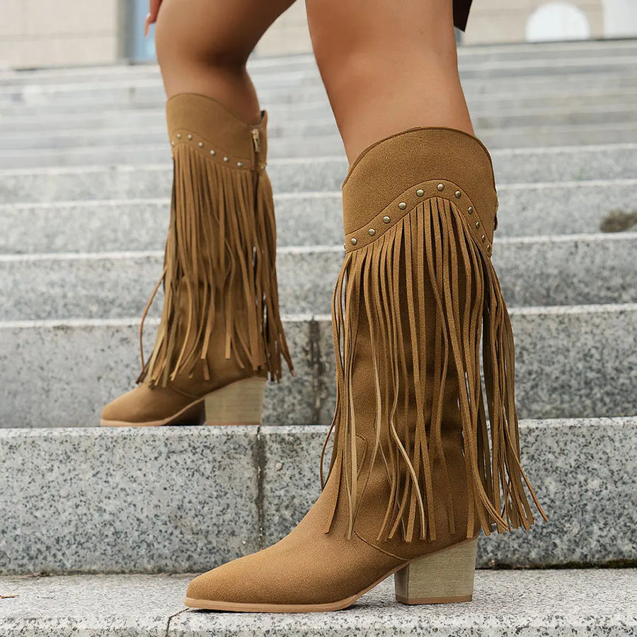 Bottes courtes style western frangées pour femme, bout pointu, couleur marron camel