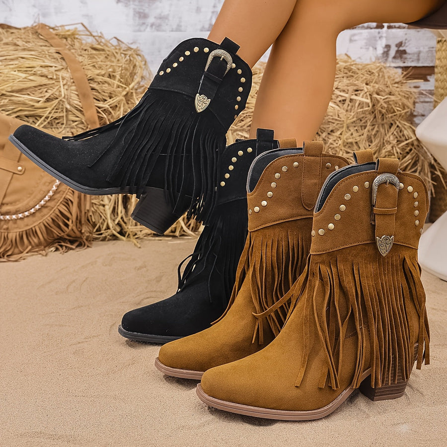 Westernstiefel für Damen mit Fransen, Nieten und Schnalle