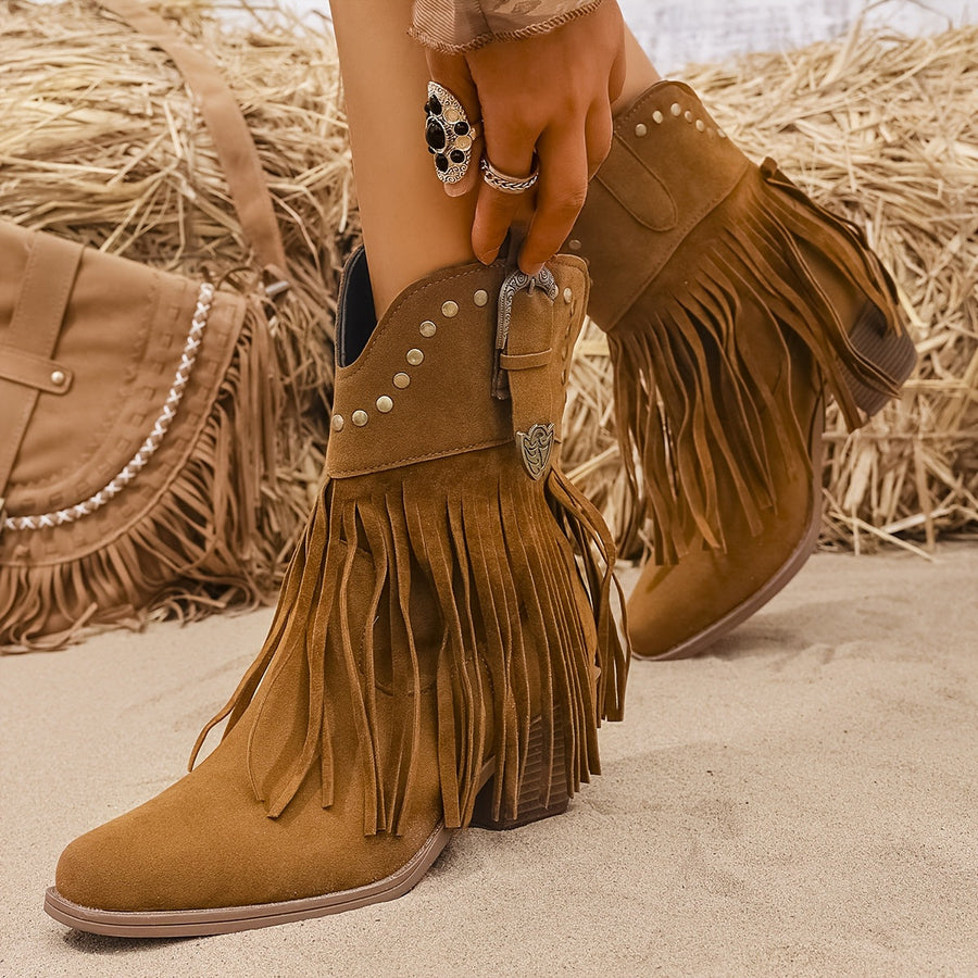 Westernstiefel für Damen mit Fransen, Nieten und Schnalle
