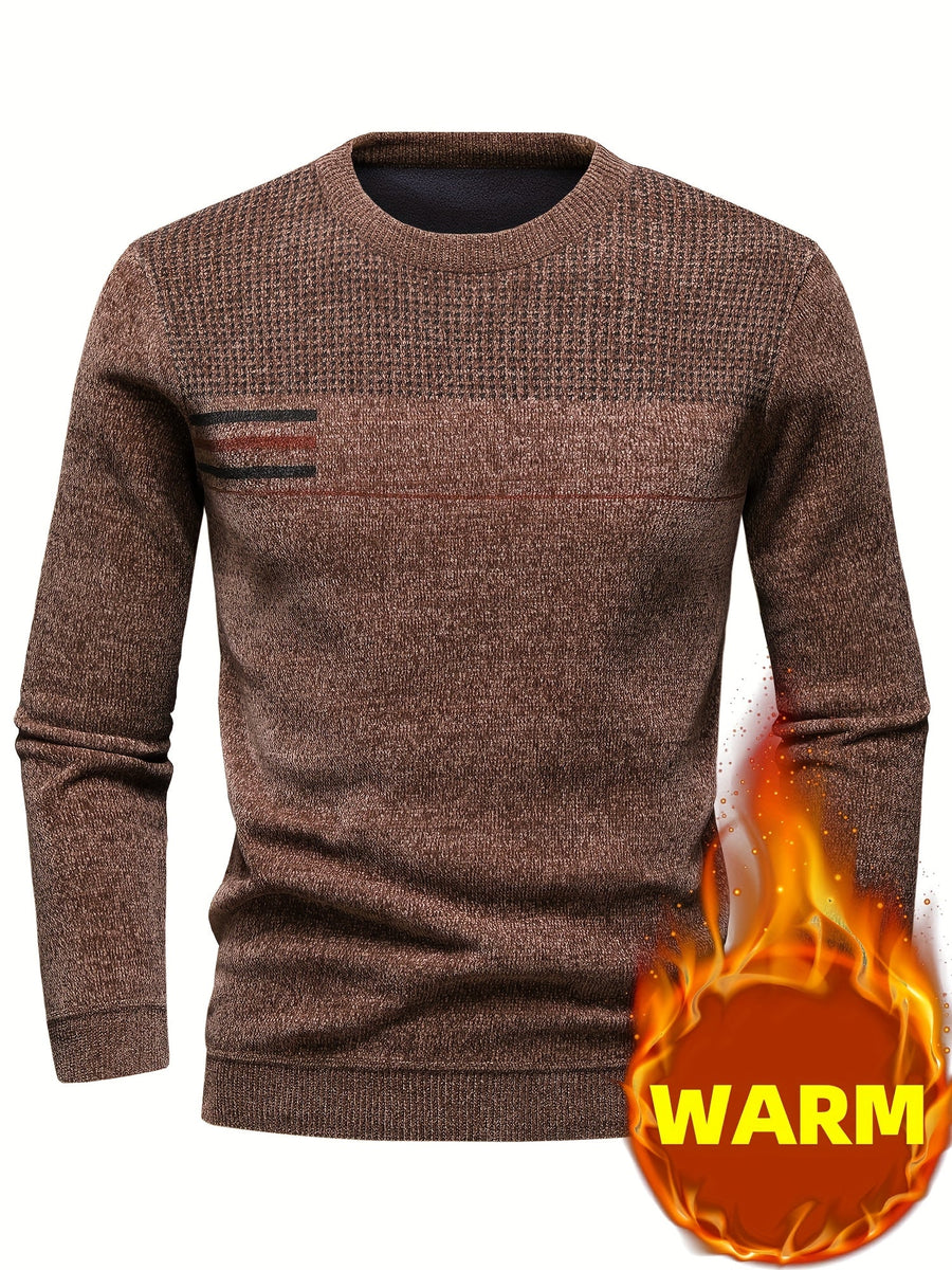 Men's Pullover Crew Neck Textured-Knit Striped Chest Long-Sleeve Sweater