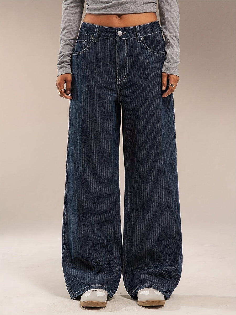 Jean large délavé bleu marine rayé taille haute pour femme
