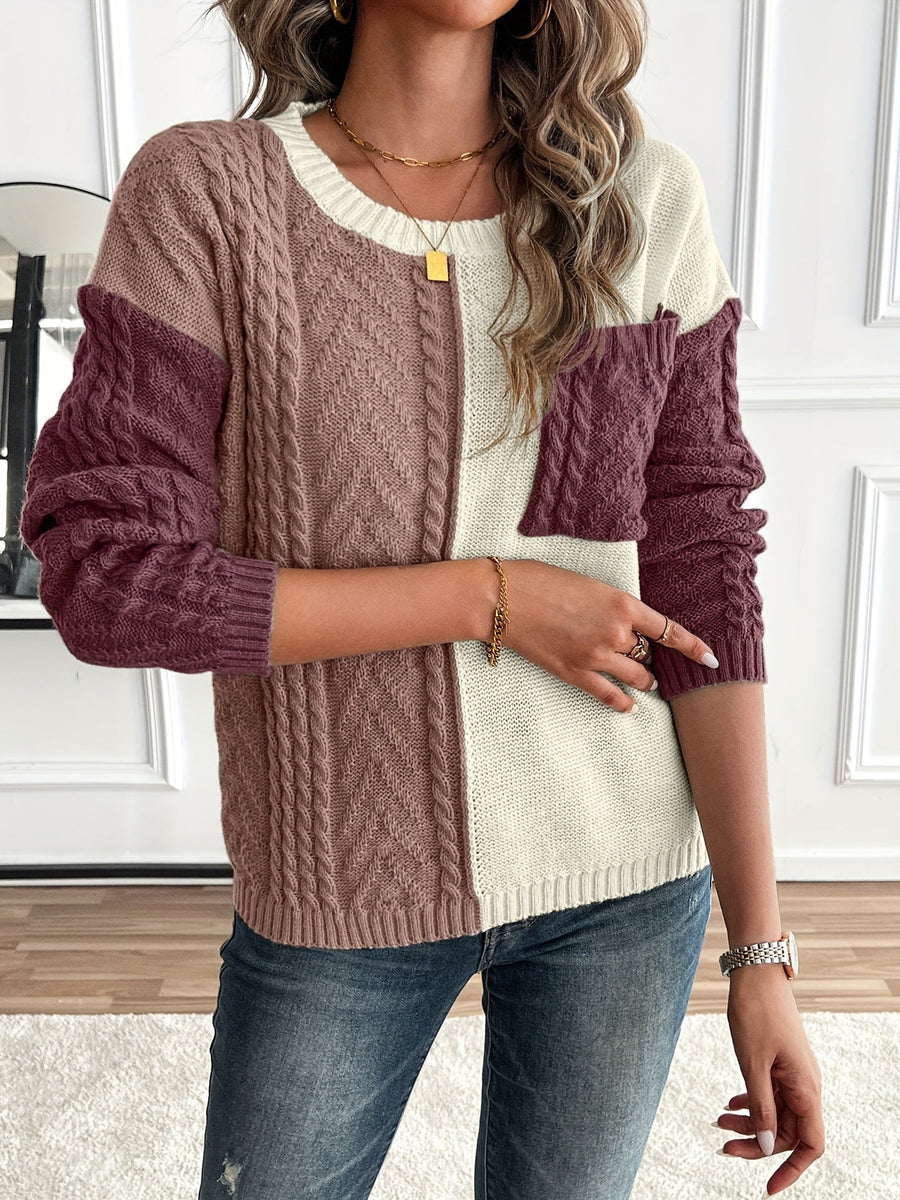 Pull Femme Maille Torsadée Bicolore Crème Vert avec Poche Plaquée
