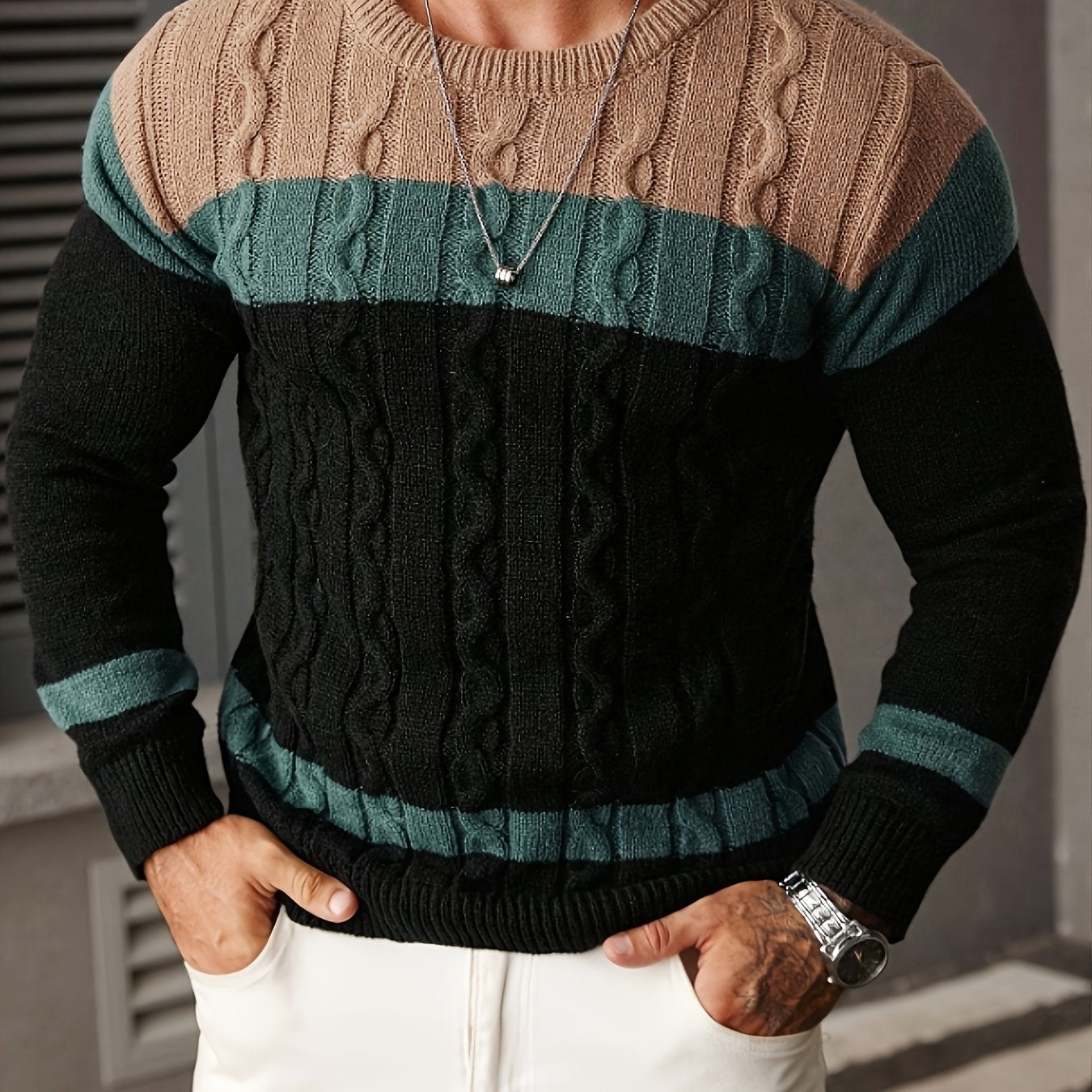 Pull homme tricoté à motifs tressés, rayures marron, blanc et gris