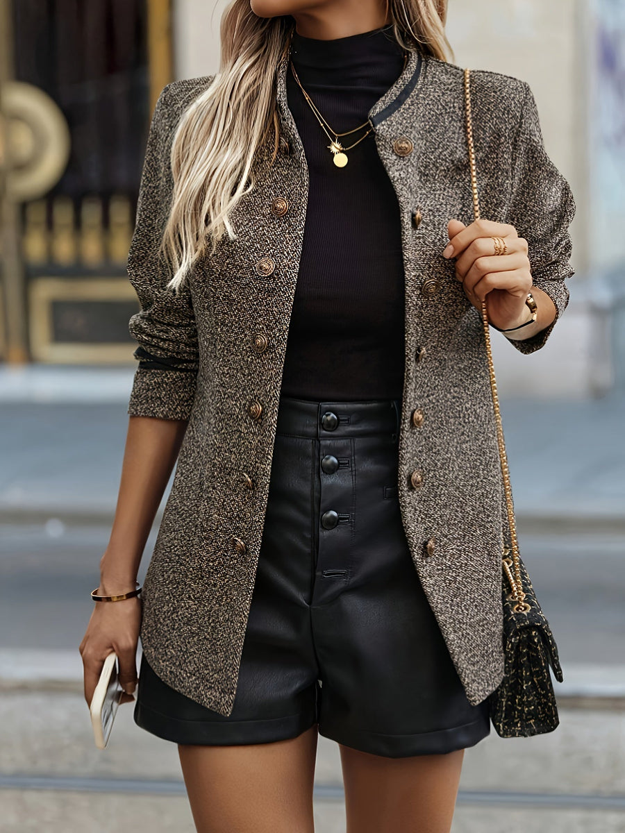 Brauner Damenblazer mit Tweedmuster und doppelter Knopfleiste