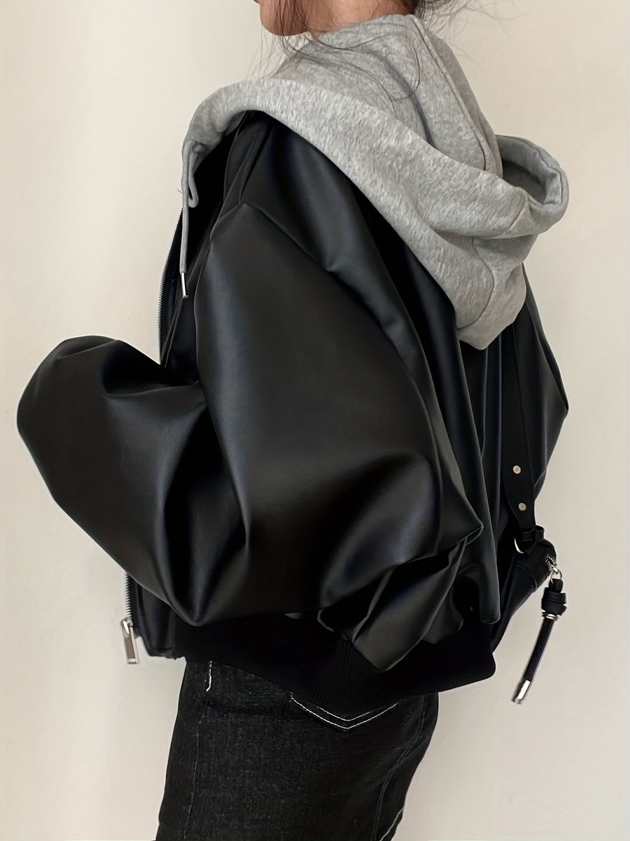 Women's black bomber jacket with detachable gray hood, sporty-chic style