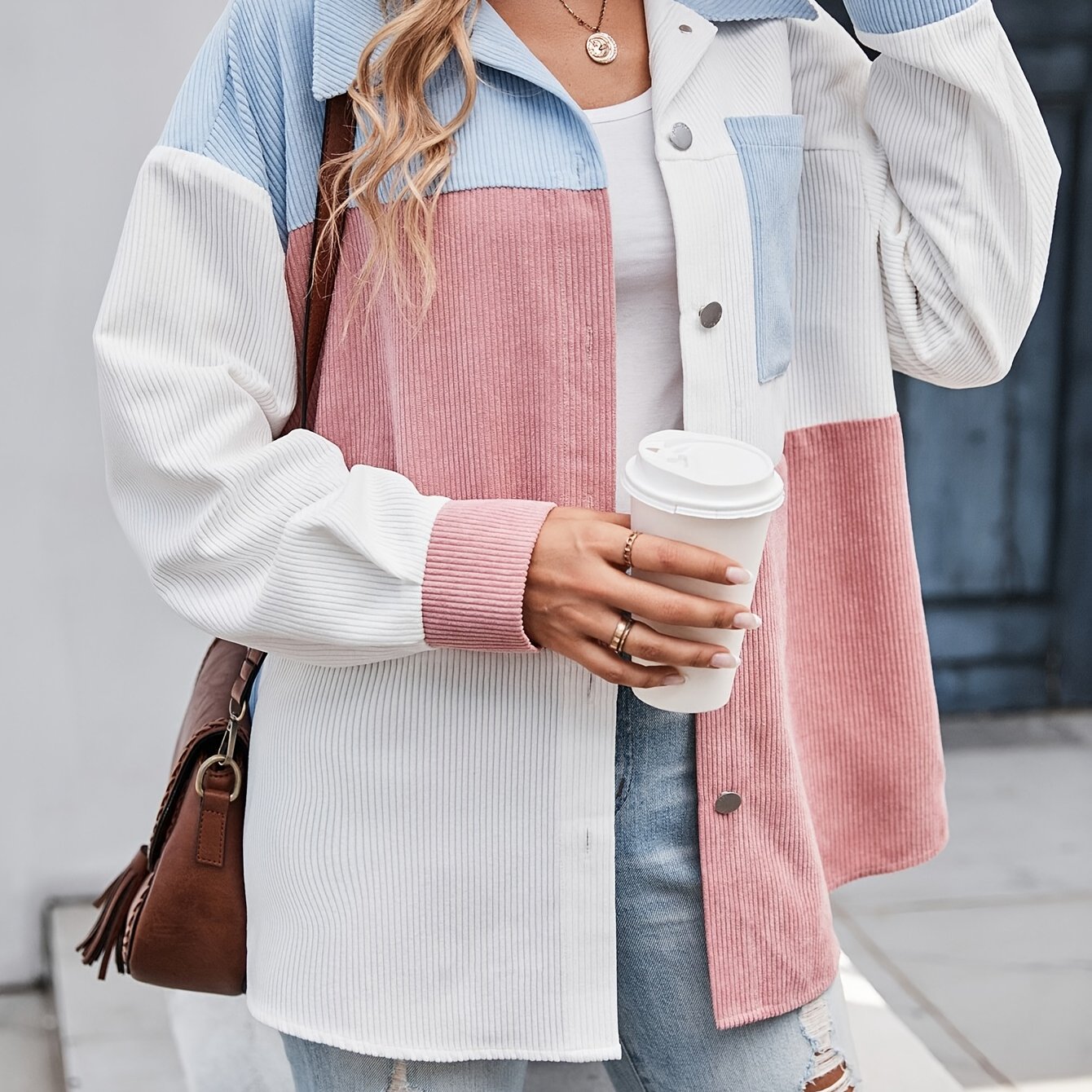 Veste Chemise Femme Blocs de Couleurs Velours Côtelé Boutons Col Chemise Manches Longues