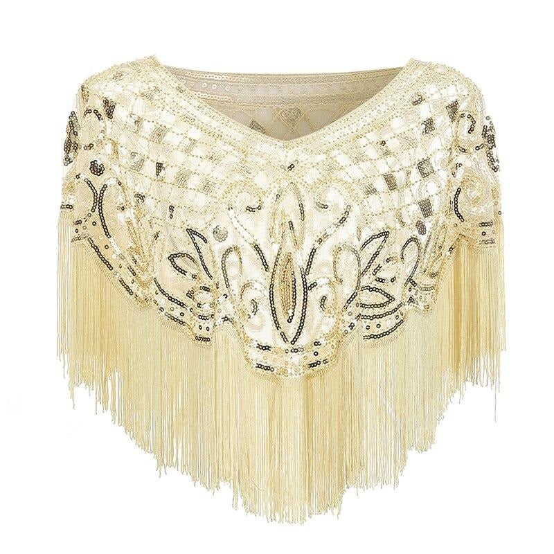 Elegant damesjal med pailletter, frynser og skinnende gulddetaljer i creme