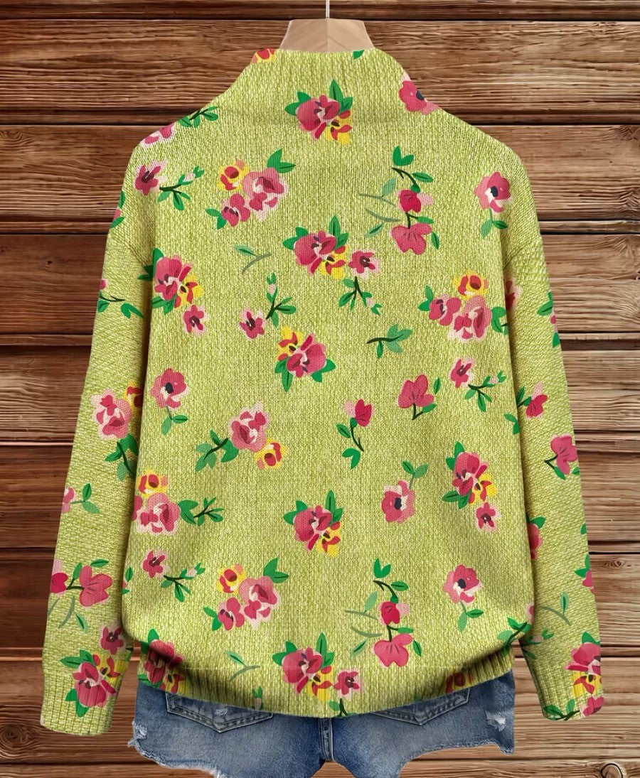 Women's Green Floral Print Zip Jacket with Pink Flowers