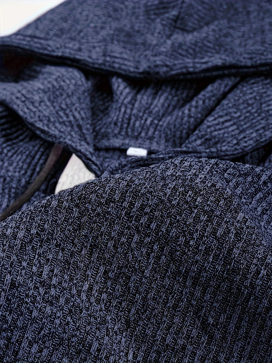 Men's Navy Blue Textured-Knit Henley-Style Hooded Sweater