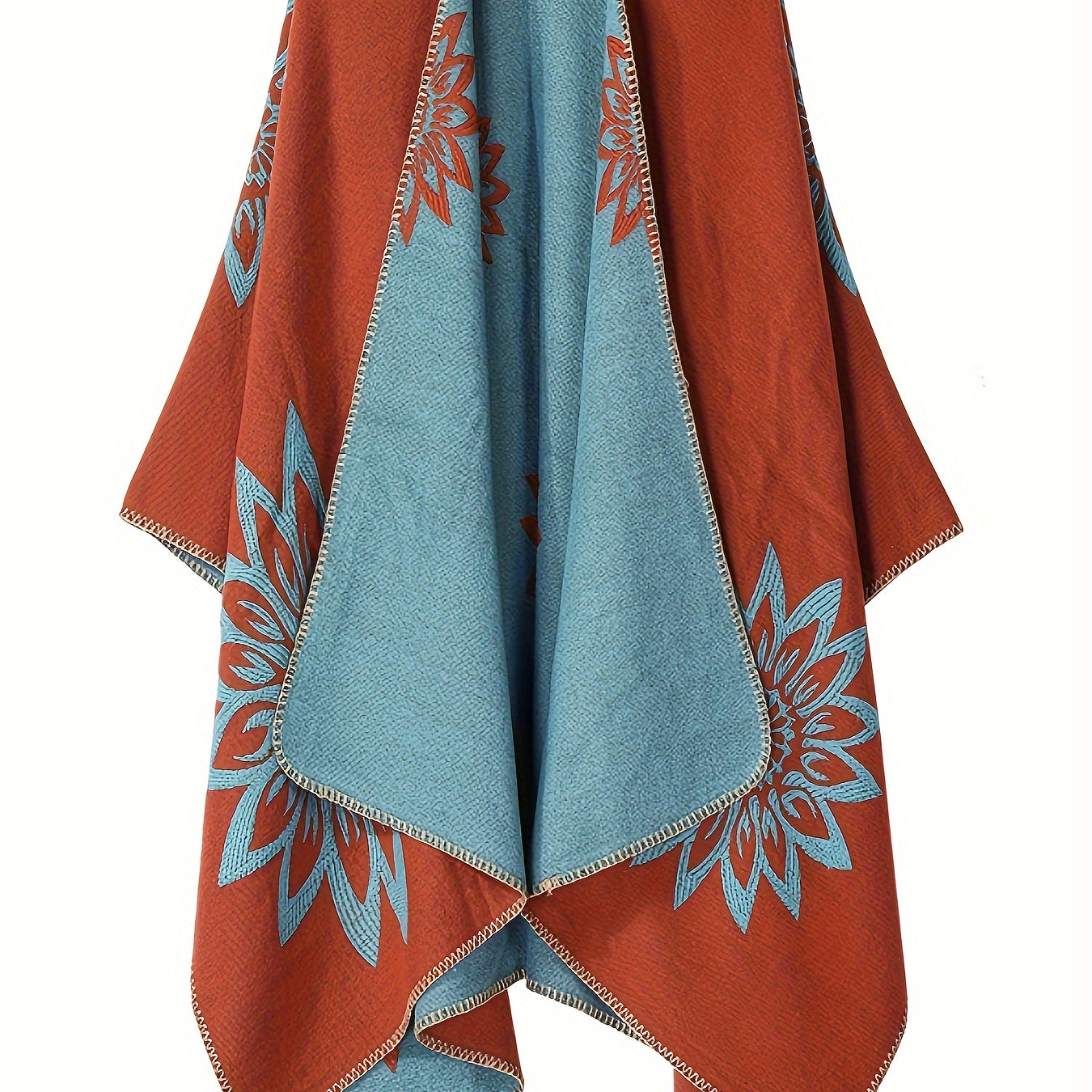 Poncho Réversible Femme Noir Motifs Floraux Blancs et Gris