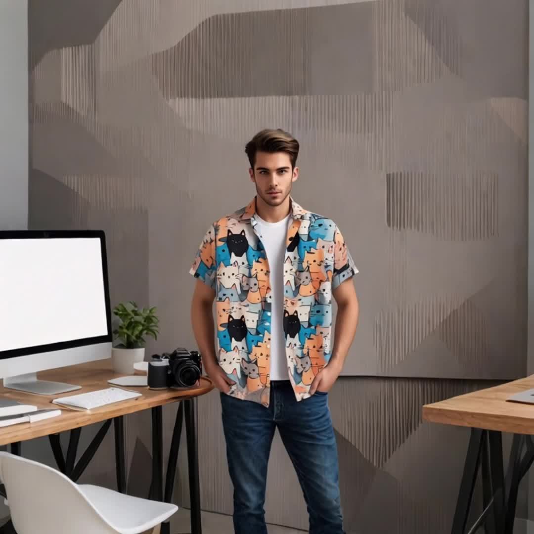 Chemise homme décontractée à manches courtes imprimé chats style ludique
