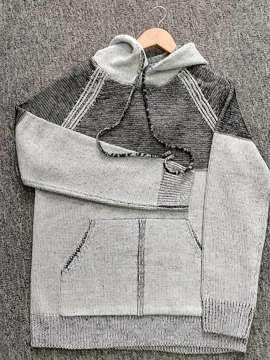 Sweat à Capuche Homme Bicolore Gris Tricot Texturé