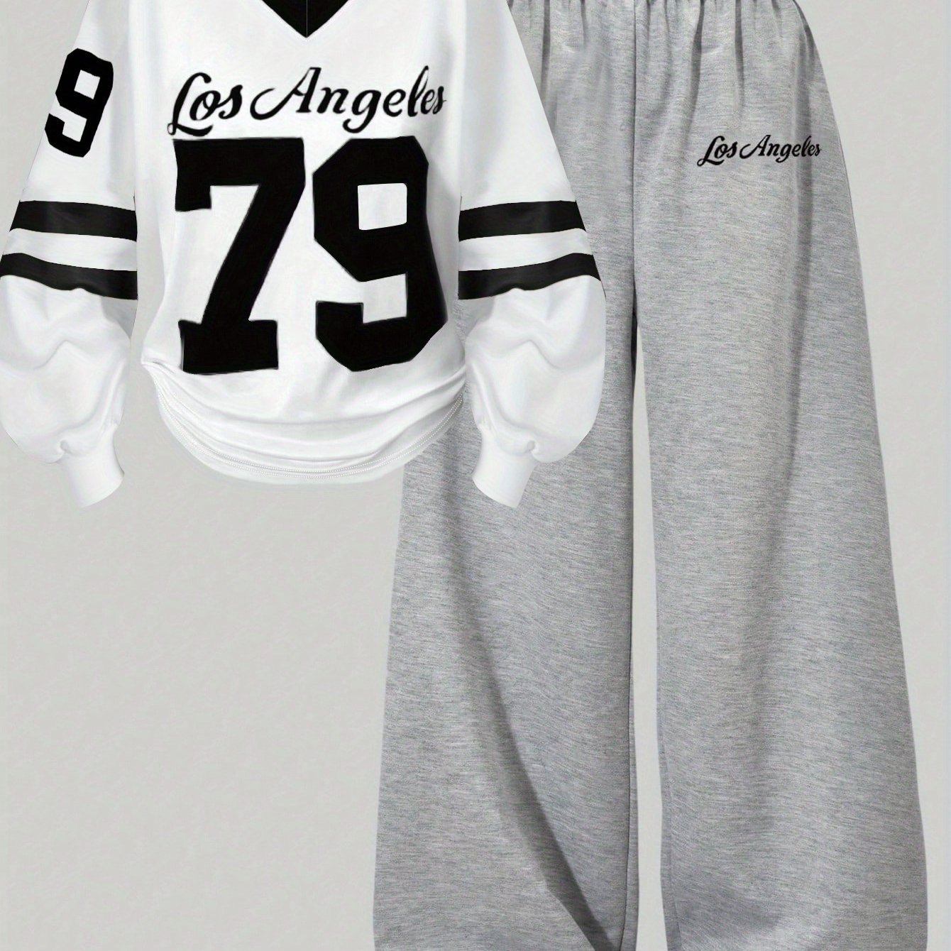 Ensemble Sport Décontracté Femme Col V Manches Longues & Pantalon Large Gris Los Angeles